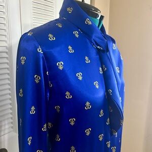 Vintage Russ Royal Blue Satin Blouse Gold Print Tie Neck Long Sleeve Retro Top